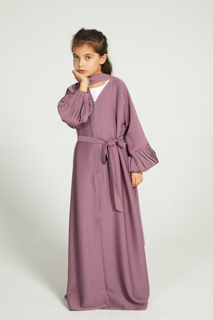 Junior Girls Premium Textured  Open Abaya With Pleated Cuffs - Deep Rose Blush