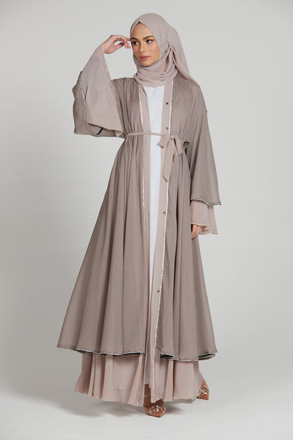Shimmer Chiffon Umbrella Cut Open Abaya With Embellished piping - Mink