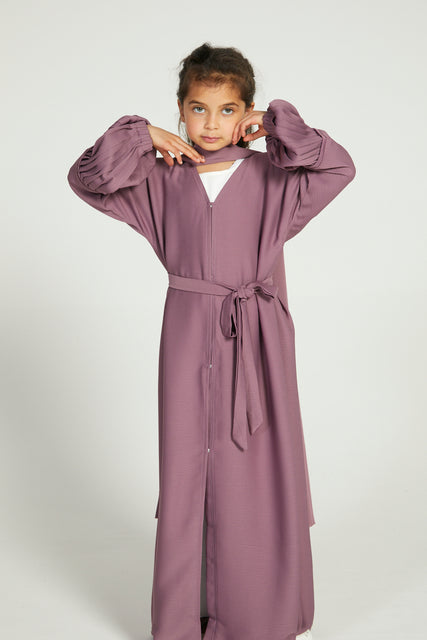 Junior Girls Premium Textured  Open Abaya  With Pleated Cuffs - Deep Rose Blush
