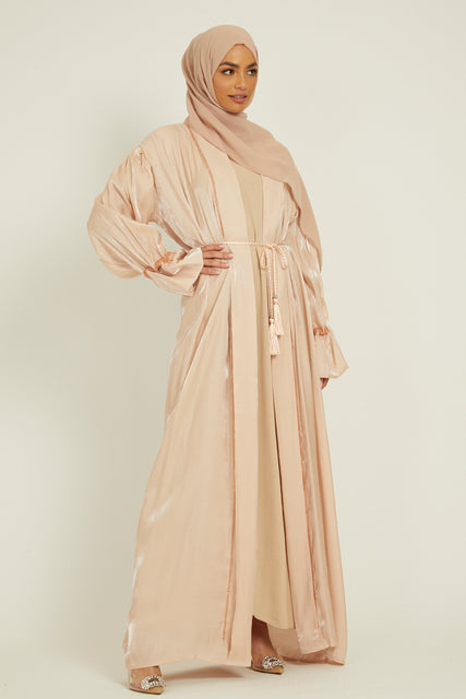 Four Piece Bell Sleeve Organza Silk Abaya Set - Nude Blush