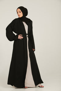 Linen Blend Open Abaya With Pockets - Smokey Grey