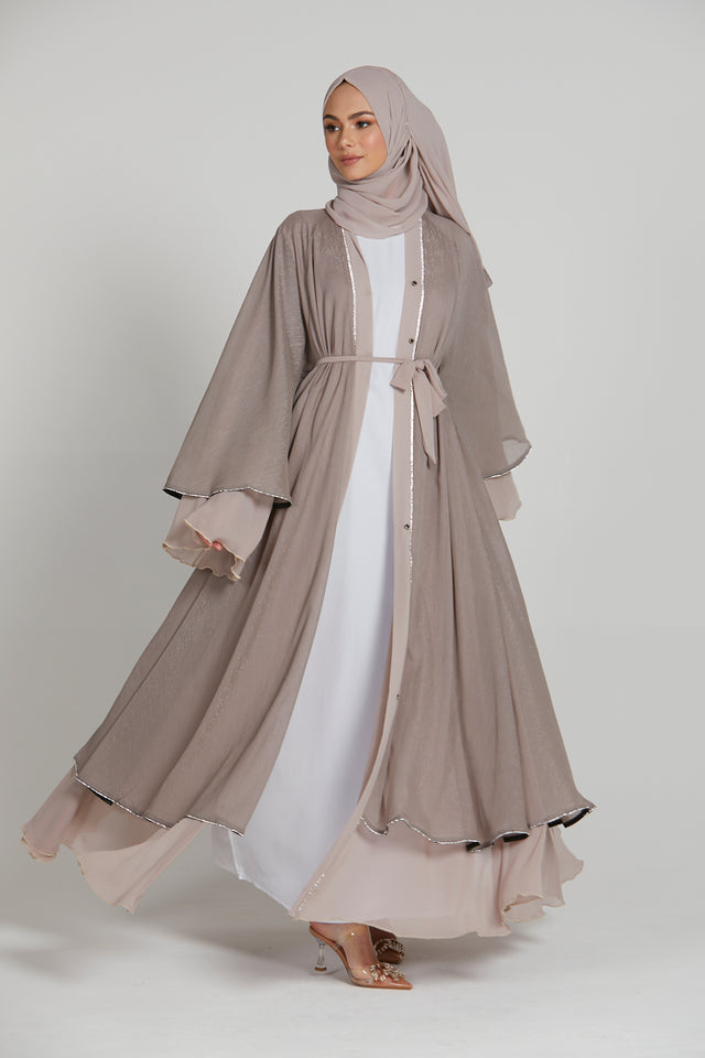 Shimmer Chiffon Umbrella Cut Open Abaya With Embellished piping - Mink