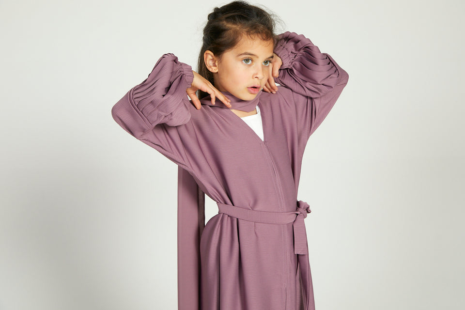 Junior Girls Premium Textured  Open Abaya  With Pleated Cuffs - Deep Rose Blush