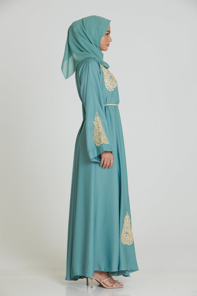 Teal Mint Umbrella Cut Abaya with Gold Lace Detailing