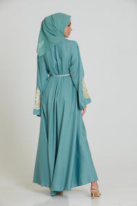 Teal Mint Umbrella Cut Abaya with Gold Lace Detailing