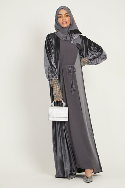 Four Piece Velvet Open Abaya Set with Embellished Lace Cuffs