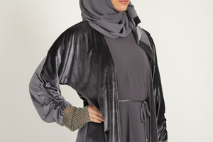 Four Piece Velvet Open Abaya Set with Embellished Lace Cuffs