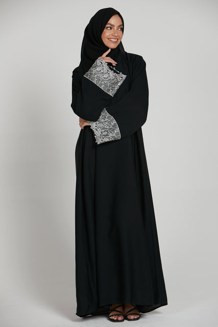 Black Closed Abaya with White Floral Lace Cuff - Limited Edition