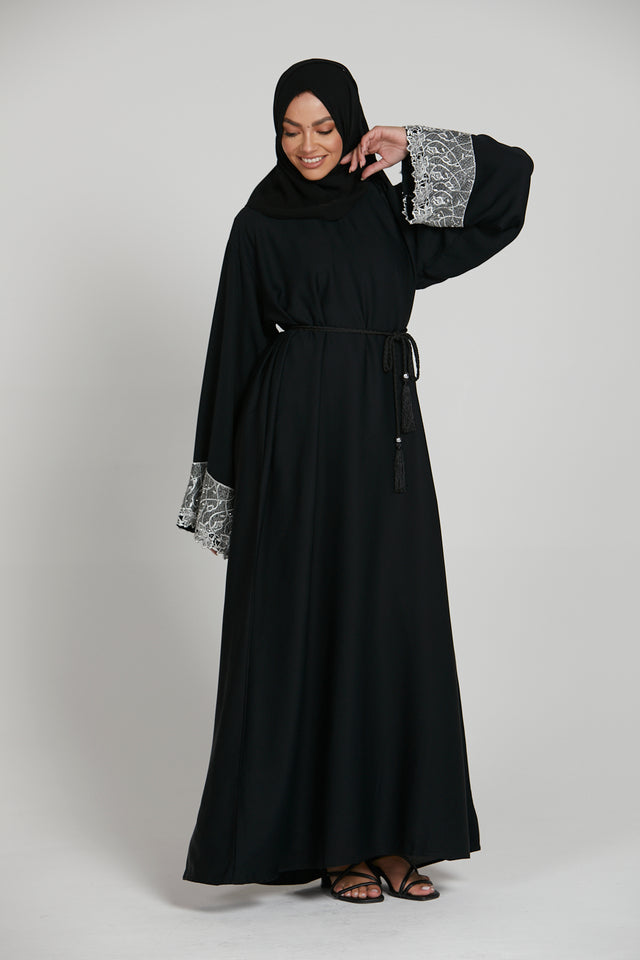 Black Closed Abaya with White Floral Lace Cuff - Limited Edition