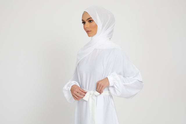 Umbrella Cut Closed Abaya with Elasticated Cuffs - White