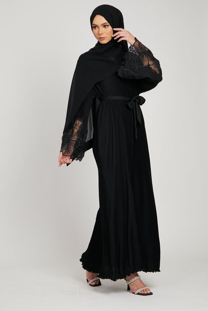 Premium Pleated Floral Lace Cuff Abaya - Black