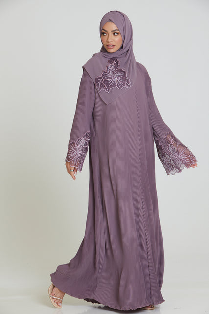 Premium Pleated Floral Lace Cuff Abaya - Dusty Purple