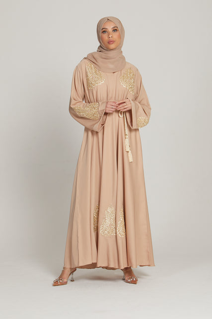 Nude Umbrella Cut Abaya with Gold Lace Detailing