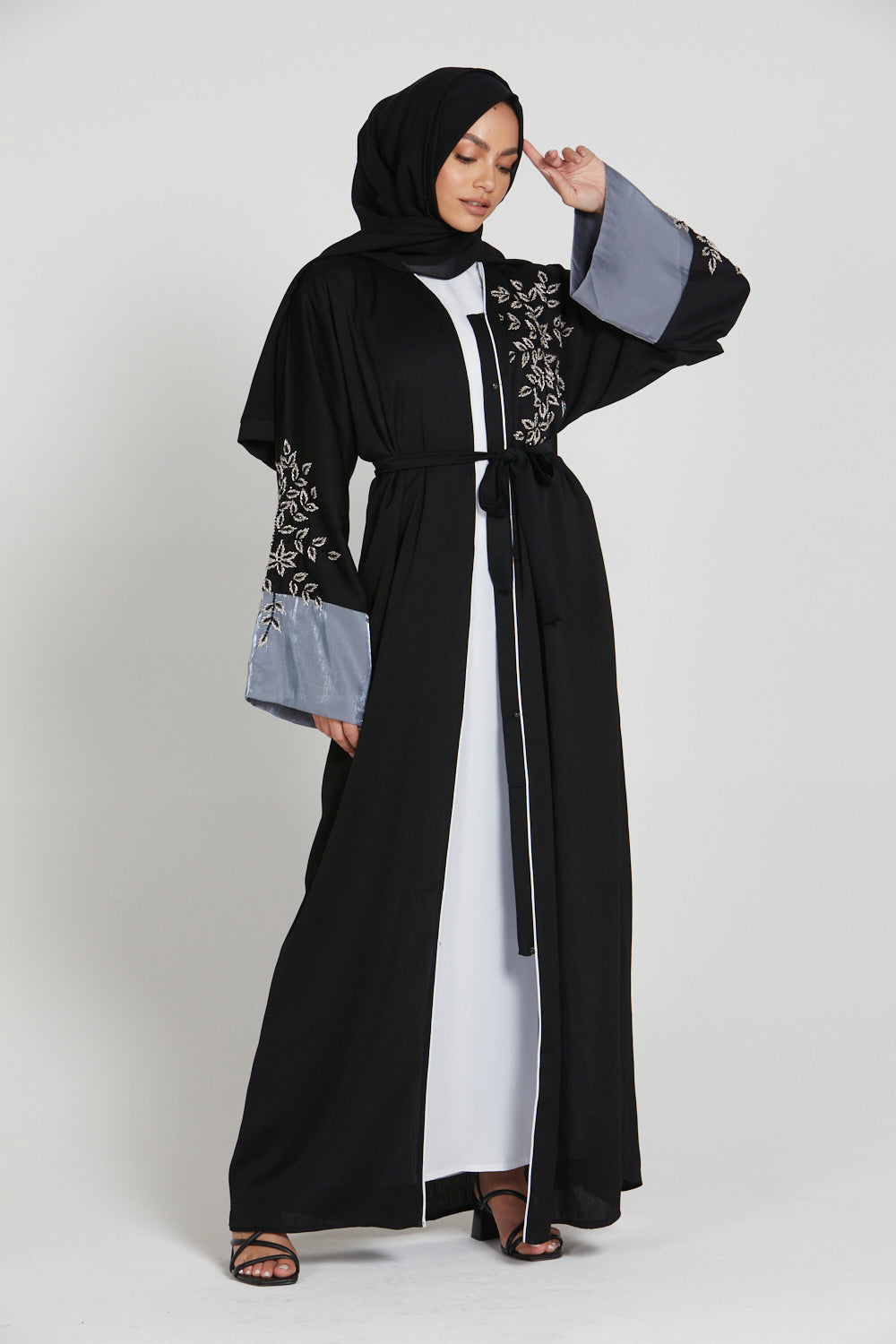 Black Embellished Open Abaya with Silver Organza Cuff
