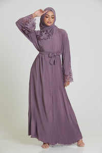 Premium Pleated Floral Lace Cuff Abaya - Dusty Purple