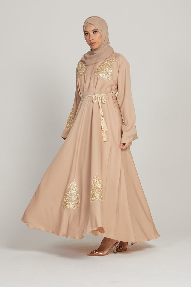 Nude Umbrella Cut Abaya with Gold Lace Detailing