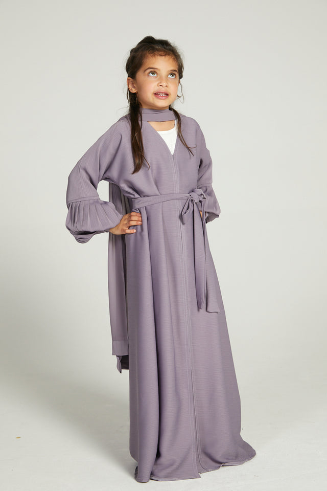 Junior Girls Premium Textured Open Abaya with Pleated Cuffs - Lilac