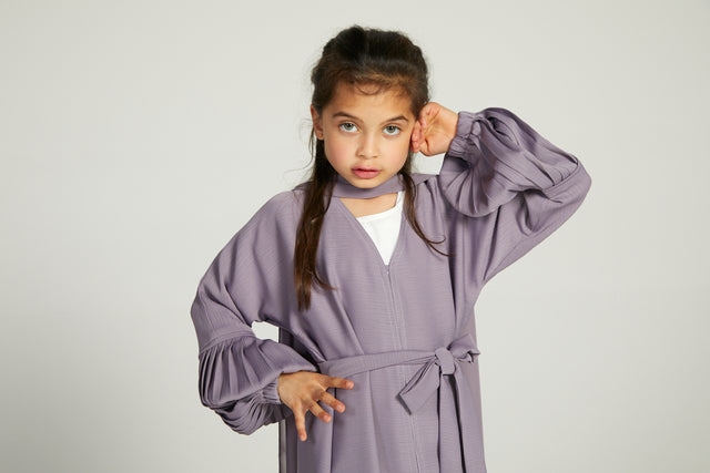 Junior Girls Premium Textured Open Abaya with Pleated Cuffs - Lilac