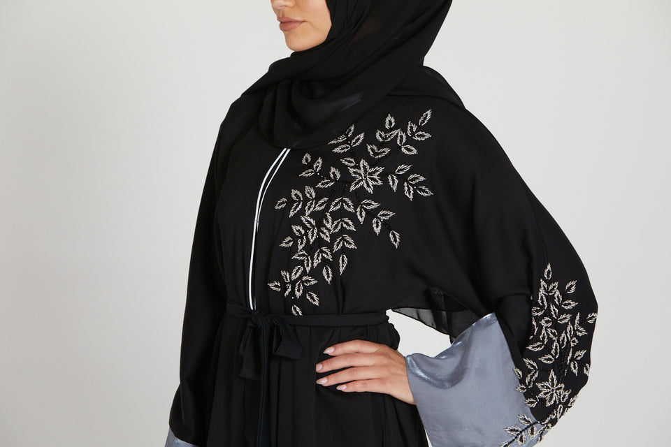 Black Embellished Open Abaya with Silver Organza Cuff