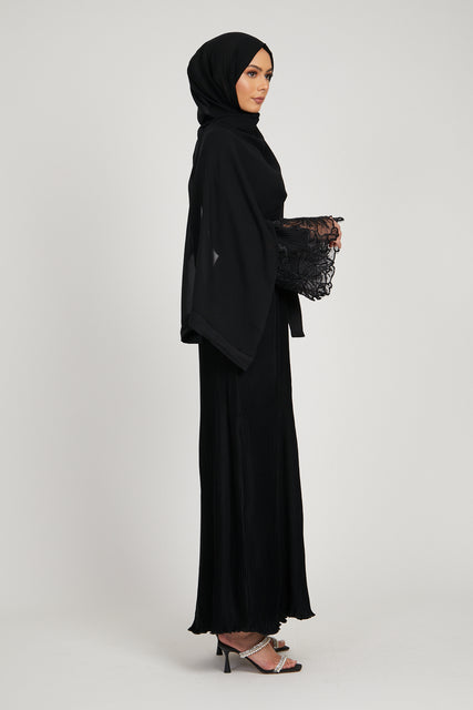 Premium Pleated Floral Lace Cuff Abaya - Black