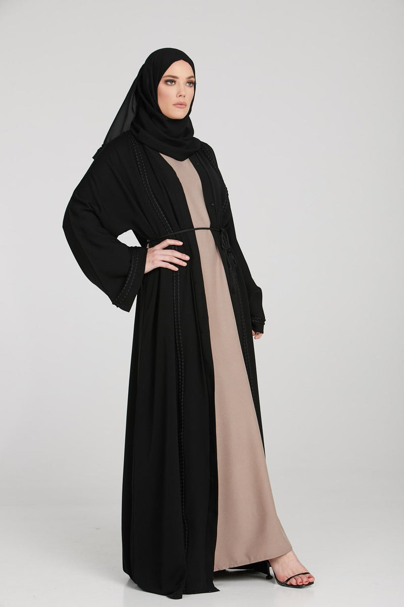 Classic Black Open Abaya with Plaited Piping