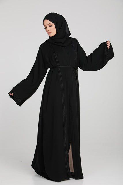 Classic Black Open Abaya with Plaited Piping