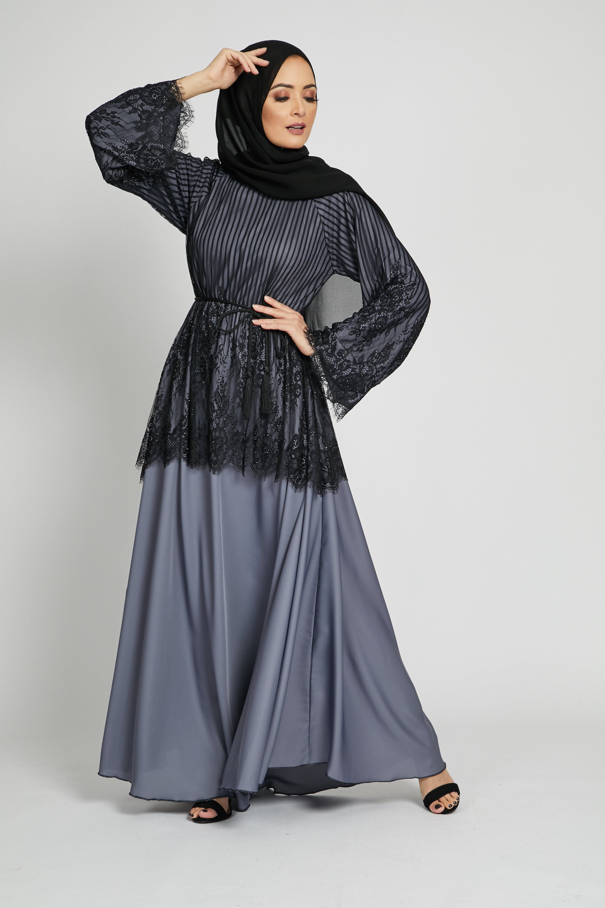 Dark Grey Abaya with Embellished Lace