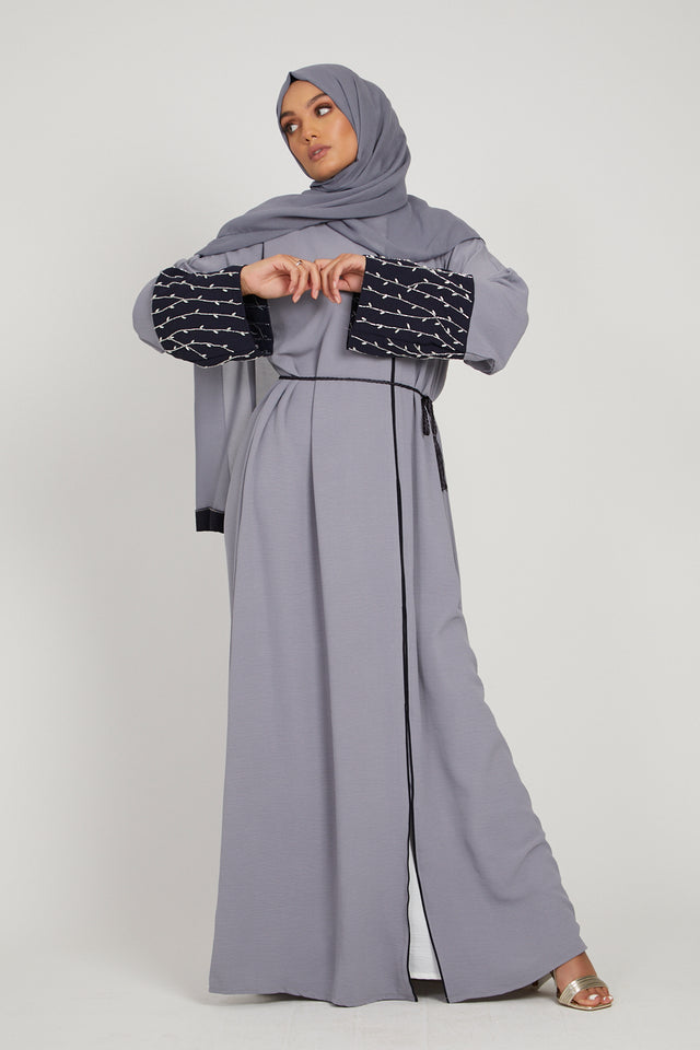 Light Grey Open Abaya with Navy Embellished Cuffs