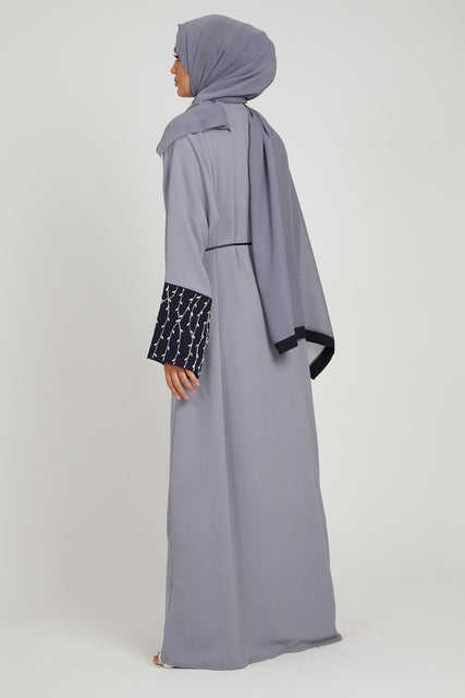 Light Grey Open Abaya with Navy Embellished Cuffs