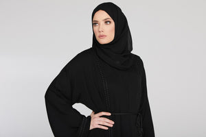 Classic Black Open Abaya with Plaited Piping