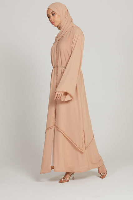 Luxury Embellished Chain Chiffon Layered Open Abaya - Peach Blossom