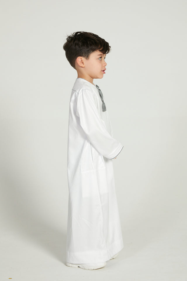 Junior Premium Omani Thobe - White With Olive Grey Embroidery