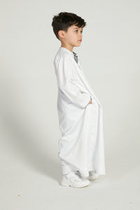 Junior Premium Omani Thobe - White With Olive Grey Embroidery