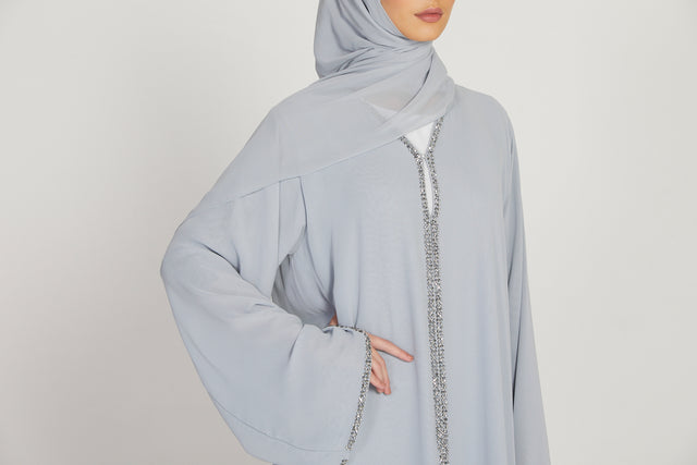 Luxury Embellished Chain Chiffon Layered Open Abaya - Ice Blue