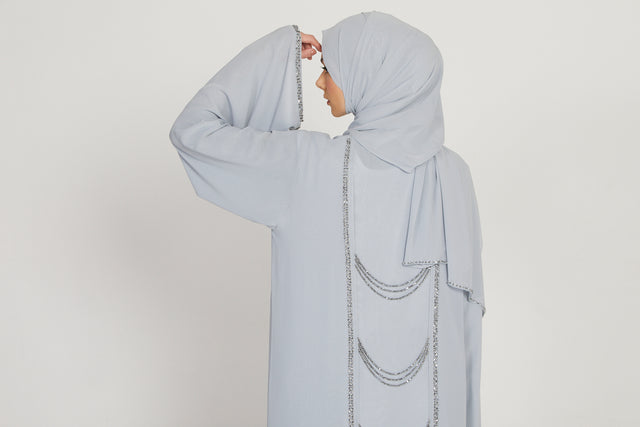 Luxury Embellished Chain Chiffon Layered Open Abaya - Ice Blue
