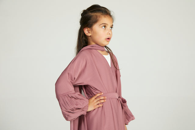 Junior Girls Premium Textured Open Abaya with Pleated Cuffs - Dusty Pink