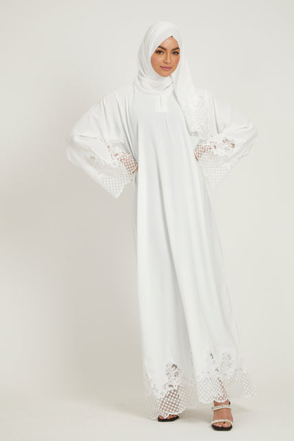 Luxury Closed Abaya with Dainty Lace Detailing- White