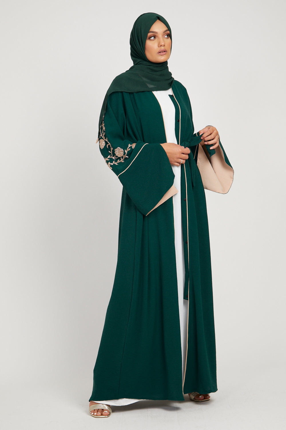 Floral Embellished Contrast Cuff Open Abaya - Emerald Green