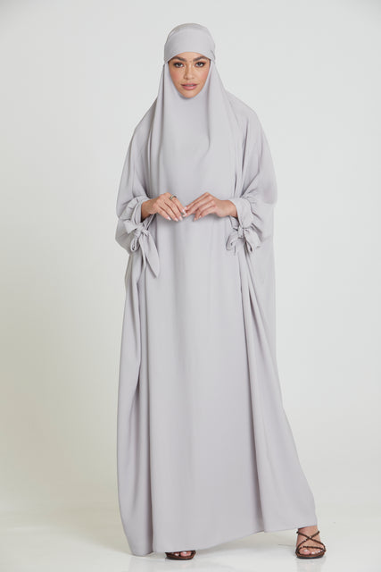 Premium One Piece Full Length Jilbab/Prayer Abaya - Tie Up Cuffs - Light Grey