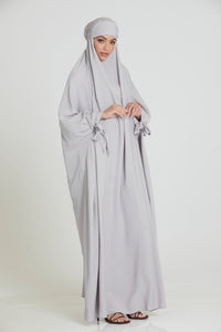 Premium One Piece Full Length Jilbab/Prayer Abaya - Tie Up Cuffs - Light Grey