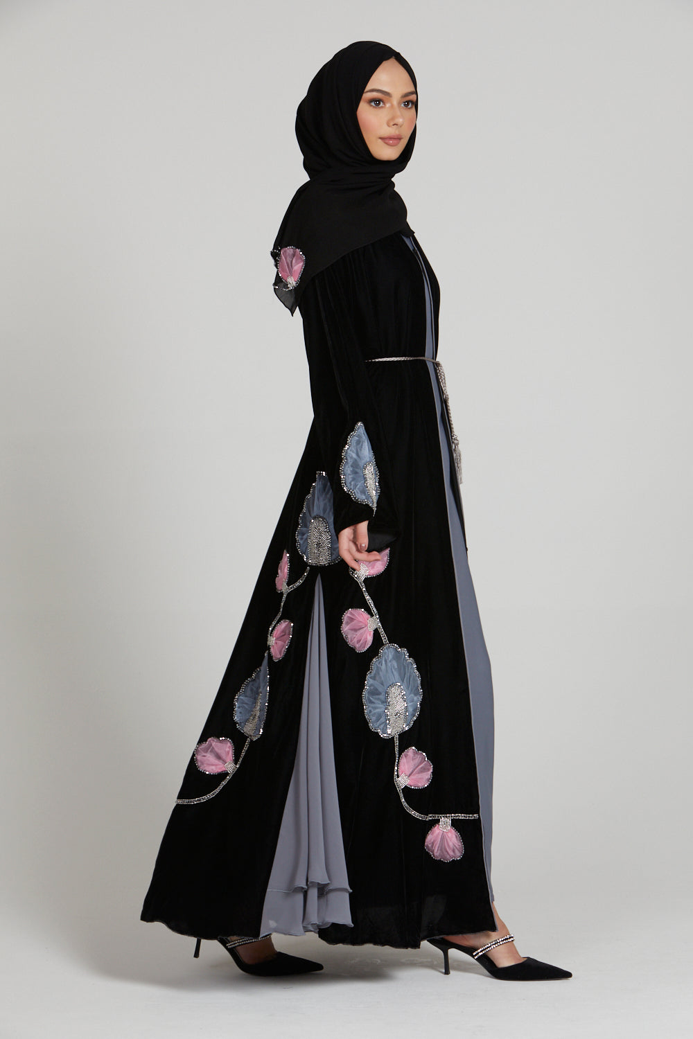 Luxury Velvet Open Abaya with Chiffon Panels and Organza Floral Detailing