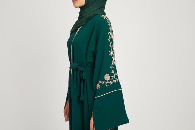 Floral Embellished Contrast Cuff Open Abaya - Emerald Green