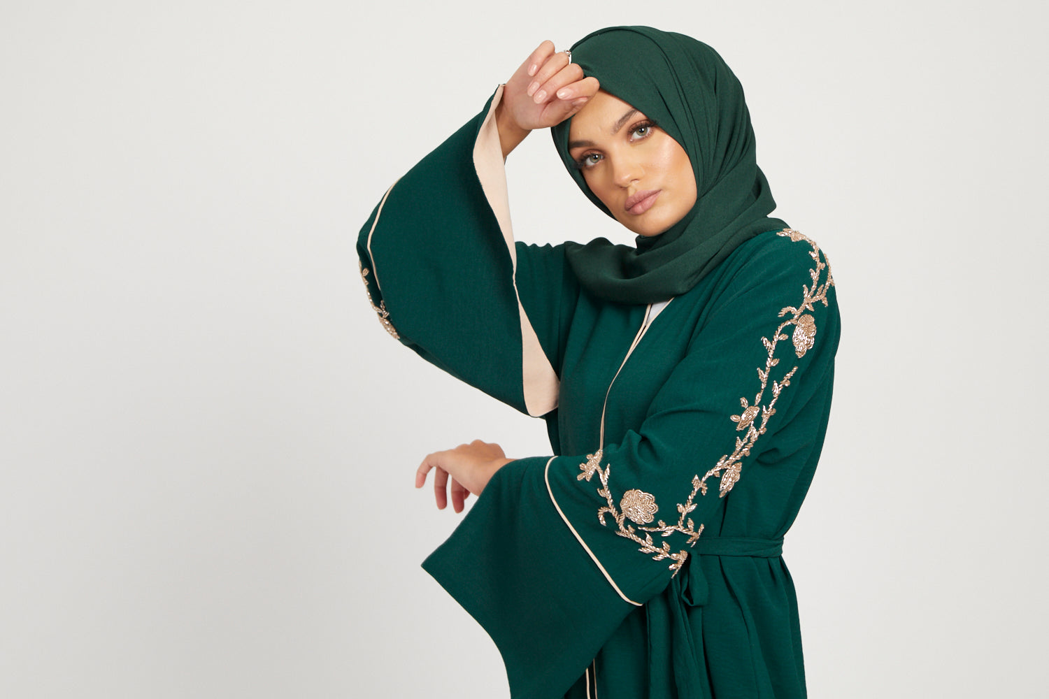 Floral Embellished Contrast Cuff Open Abaya - Emerald Green - Polyester - Adult - 58 - Abayabuth Floral Embellished Contrast Cuff Open Abaya - Emerald Green - Polyester - Adult - 58 - Abayabuth