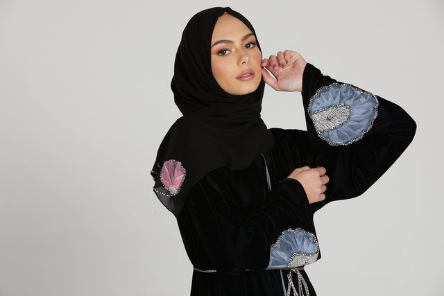 Luxury Velvet Open Abaya with Chiffon Panels and Organza Floral Detailing