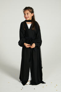 Junior Girls Premium Textured Open Abaya with Pleated Cuffs - Black