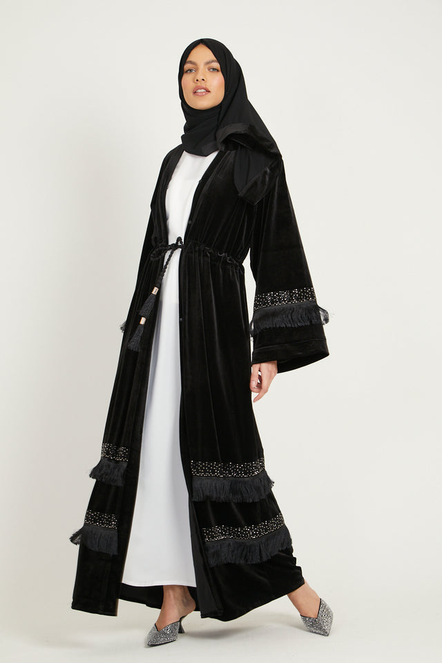 Premium Velvet Open Abaya with Embellished Tassel Detailing