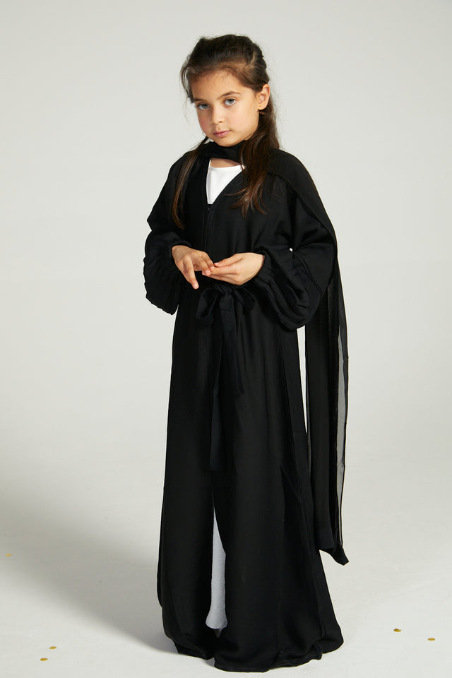 Junior Girls Premium Textured Open Abaya with Pleated Cuffs - Black