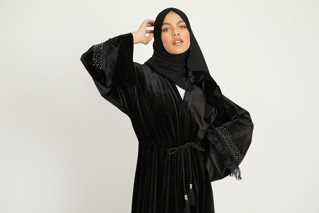 Premium Velvet Open Abaya with Embellished Tassel Detailing