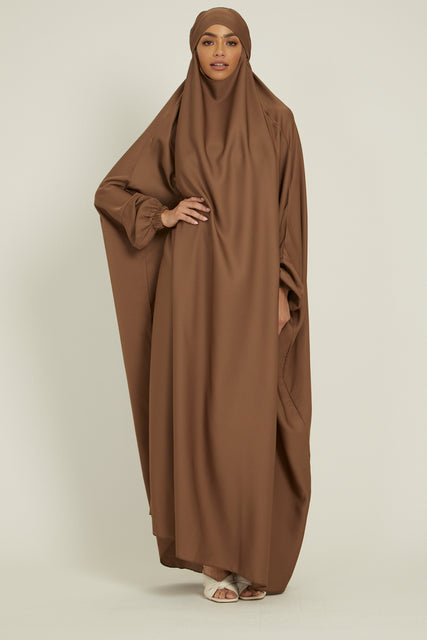 One Piece Full Length Jilbab/ Prayer Abaya - Elasticated Cuff - Mocha