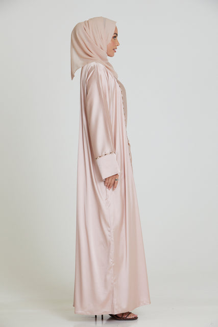 Three Piece Satin Wrap Embellished Open Abaya Set - Nude Blush